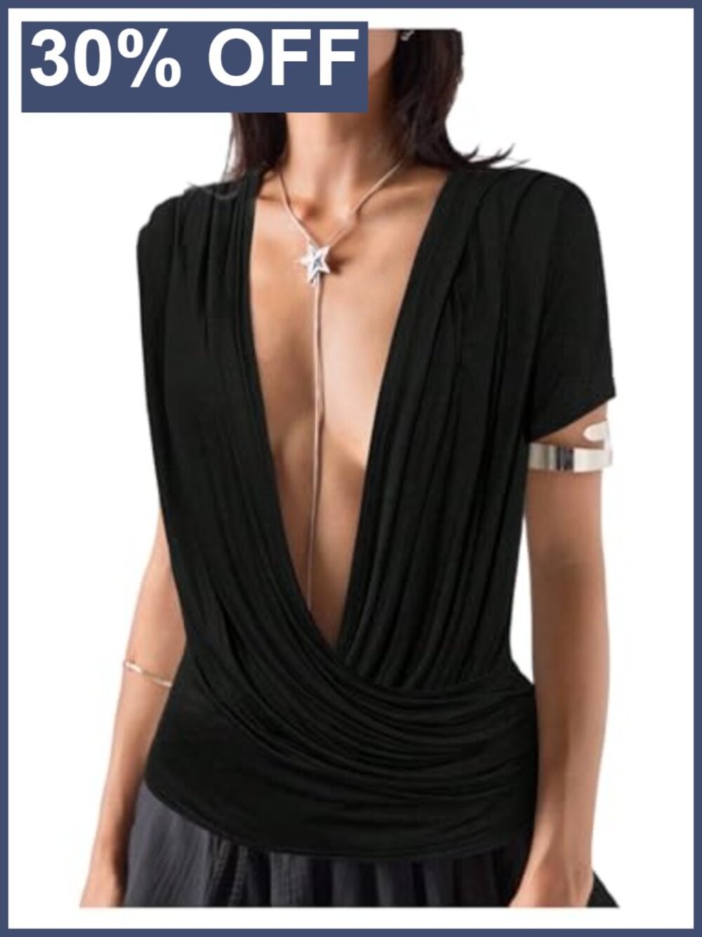 Women's Short Sleeve Deep V Neck Ruched Slim Fit T-Shirt Top